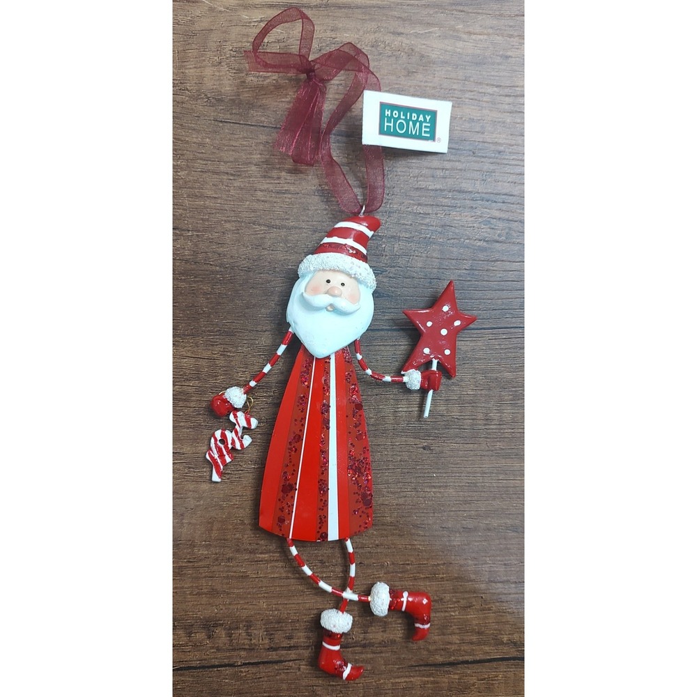 Vintage Holiday Home Metal Santa Christmas Ornament Swinging Legs Star Joy A16
